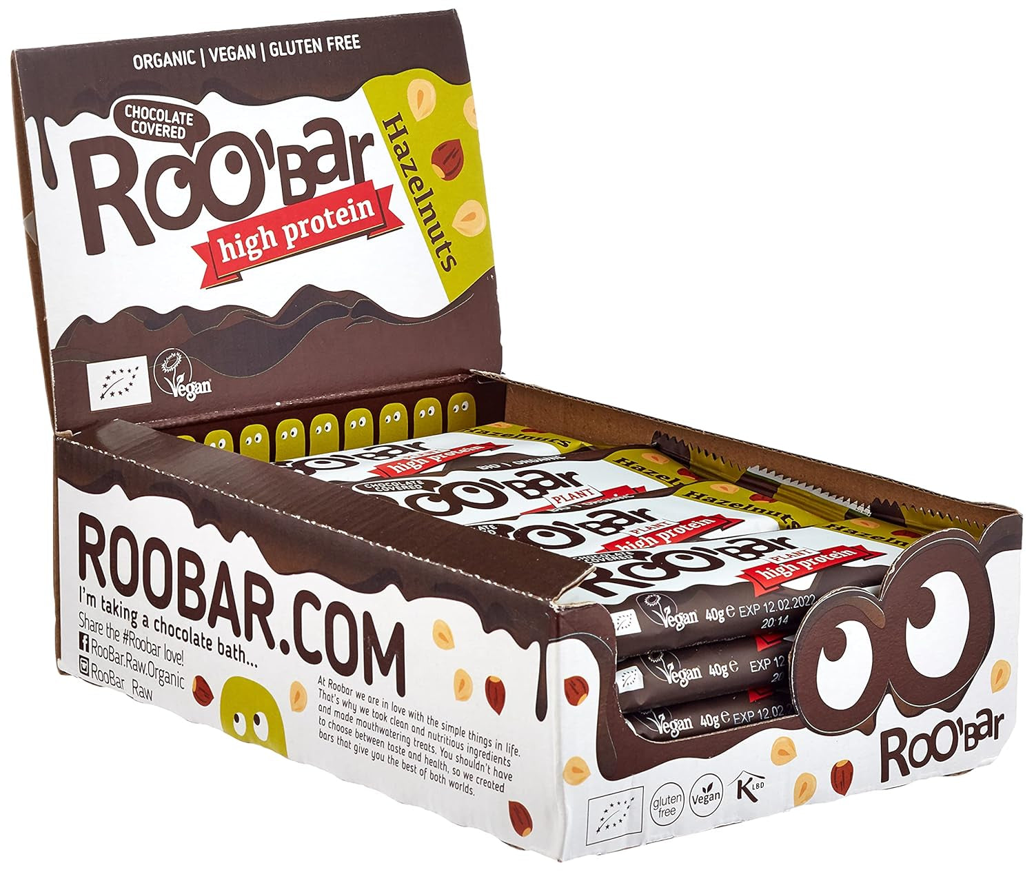 Højproteinchokoladeglaserede hasselnøddebarer - 100 % økologiske, veganske, frugtbarer, mælkefri, glutenfri, raffineret sukkerfri - 16 barer x 40 g