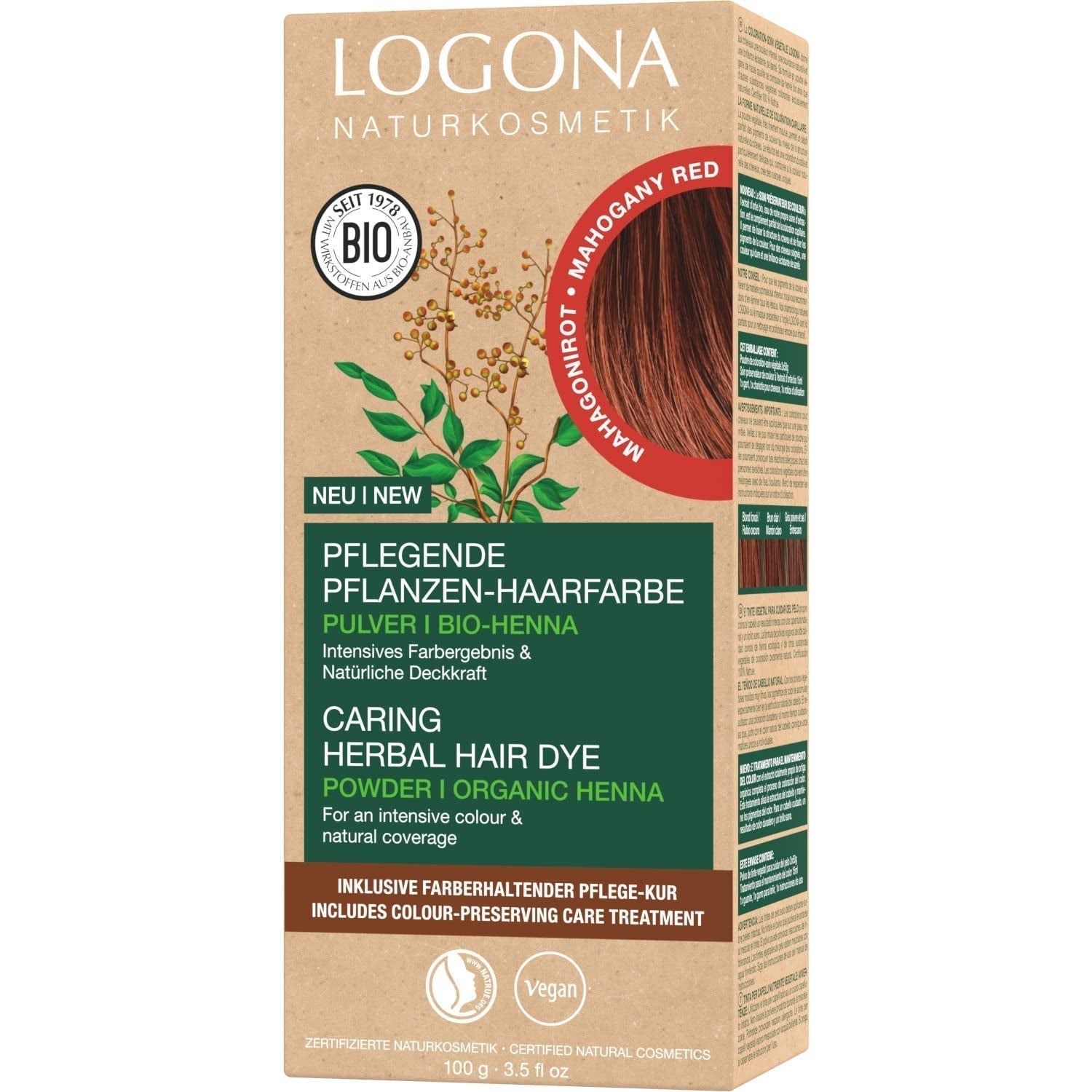 LOGONA Natural Cosmetics Urteplejende hårfarve, økologisk hennapulver Vegansk hårfarve for intens farve og glans, urtefarve i kobberblond (blond), 1 x 100 g Naty Shop Mahognirød hårfarve 100G (1 pakke)