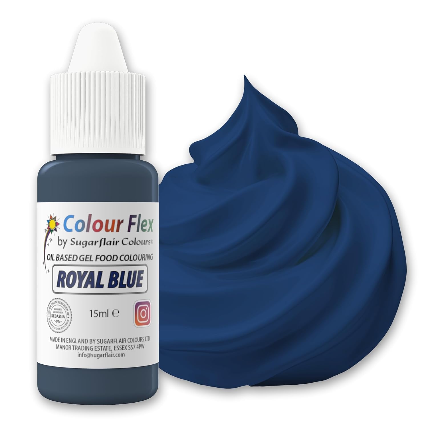 Sugarflair Colourflex oliebaseret fødevarefarve, kongeblå, højkoncentreret flydende fødevarefarve, madfarve til smørcreme, chokolade, dej, fondant, glasur og mere - 15 ml