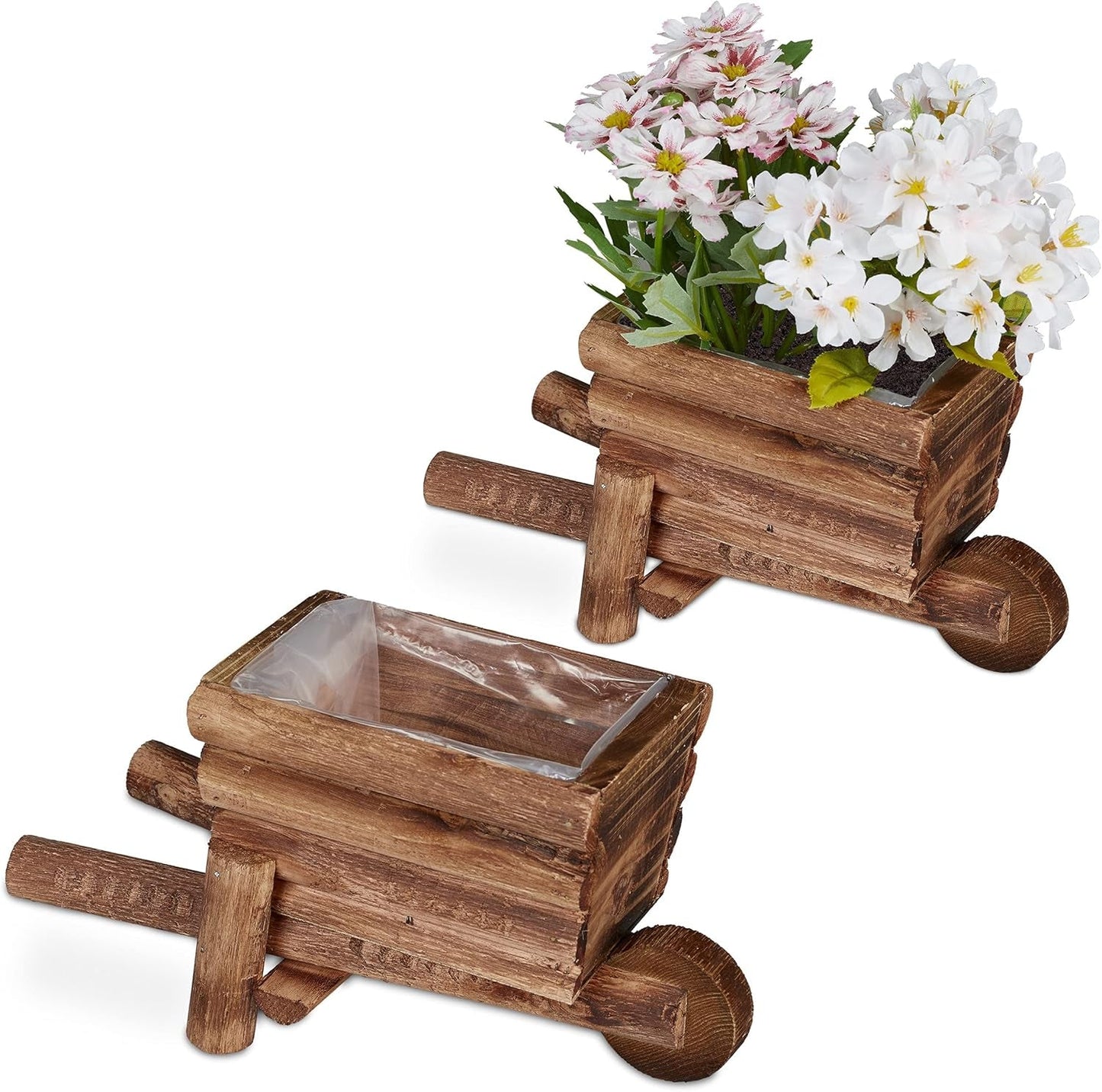 Relaxdays Planter Trillebør, Sæt med 2, Havedekoration, H x B x D: 12,5 x 26 x 12 cm, Blomstervogn til plantning, Træ, Naturlig