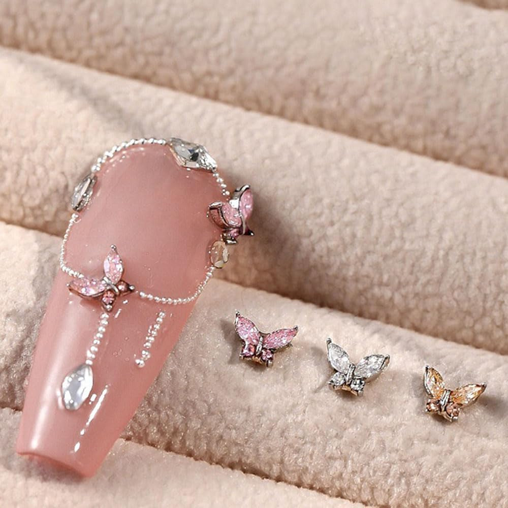 Mini Butterfly Zircon Nail Nøgleringe Y2K Hvid Champagne Pink Rhinestone Krystal Sommerfugl Nøgleringe Negle 3D Butterfly Nail Design Nøgleringe Butterfly Negle Dekoration Nail Art Nøgleringe Negle Accessories