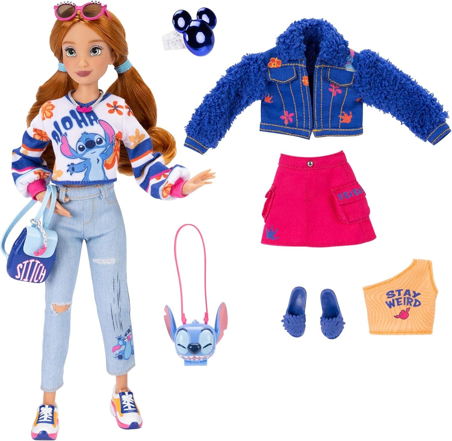 Disney ILY 4EVER Stitch modedukker med rødt hår, 29 cm høje, med 13 artikulationspunkter, to komplette mix-and-match outfits og en funklende Mickey-ring til dig!
