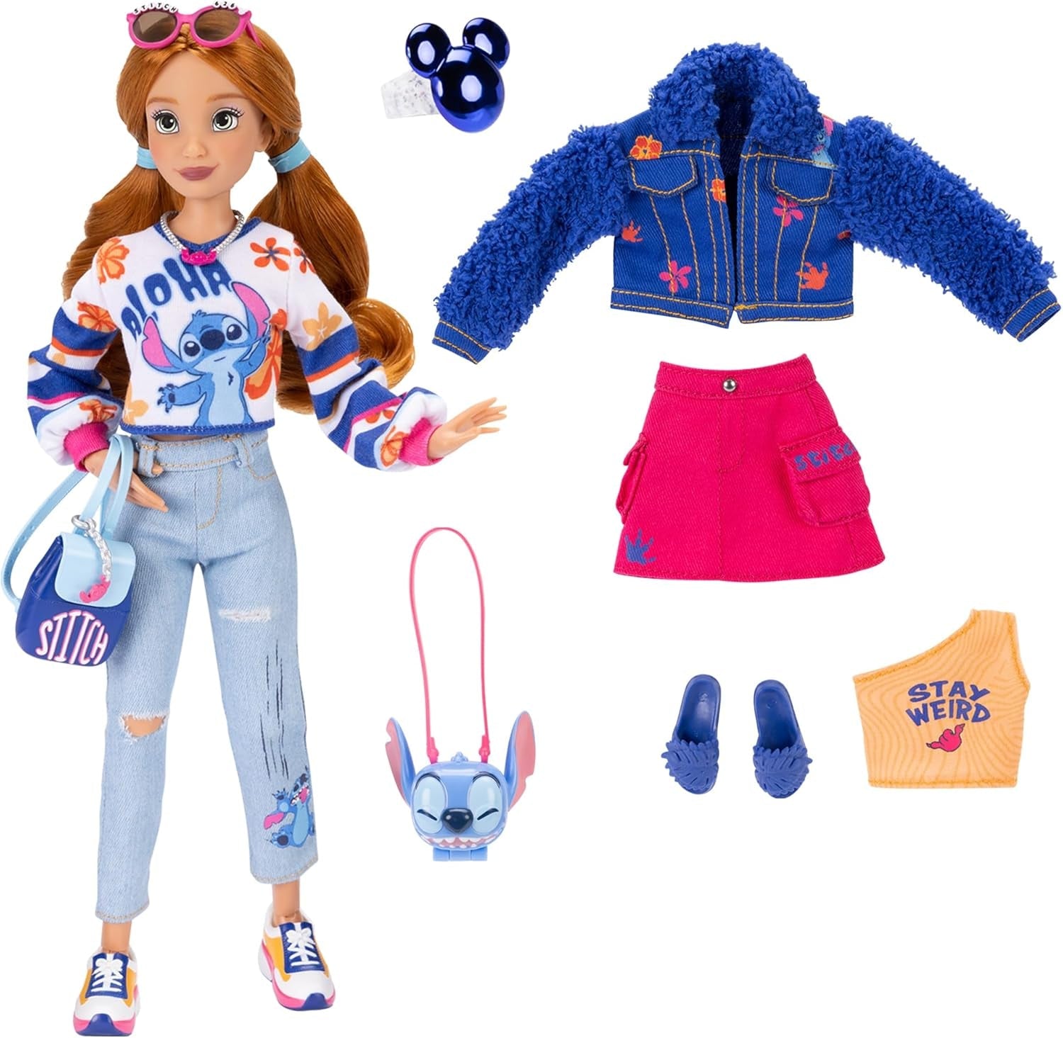 Disney ILY 4EVER Stitch modedukker med rødt hår, 29 cm høje, med 13 artikulationspunkter, to komplette mix-and-match outfits og en funklende Mickey-ring til dig!