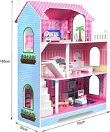 HENGMEI Puppenhaus Kinder Holz Puppenvilla Dukkehus Sæt Mädchen Spielset 3 Etagen Haus med Möbeln og tilbehør, 70x30x100cm Puppenhæuser for Kinder (Typ B)