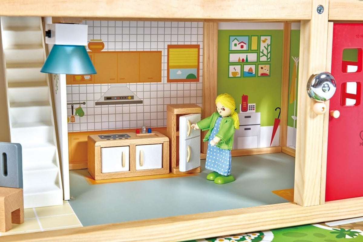 Hape Dukkevilla 10-værelses trædukkehus Kreativt rollespil inklusive møbler og tilbehør Pædagogisk legetøj for 3 år og opefter