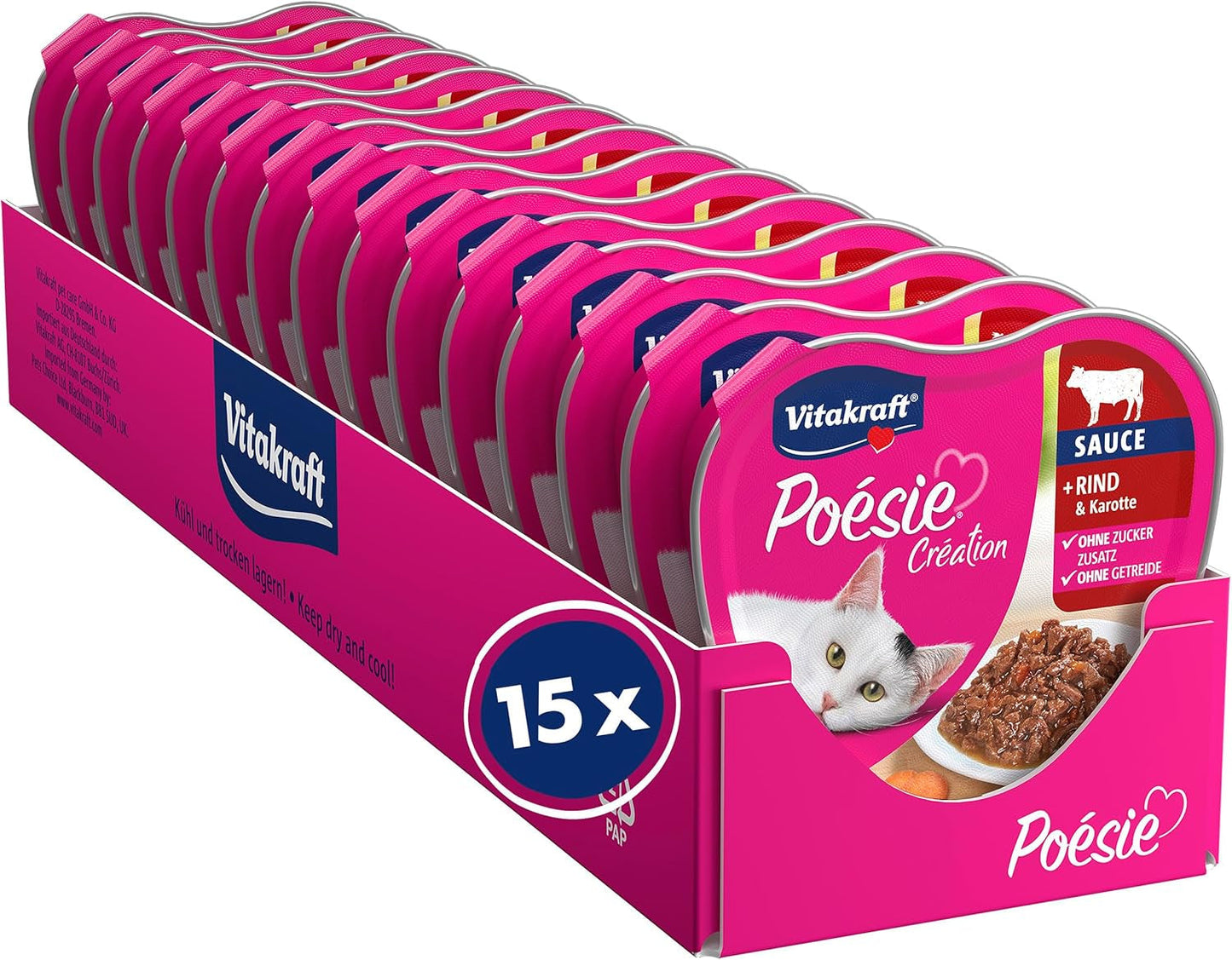 Vitakraft Poésie Création, våd kattefoder, vådfoder i sauce, med oksekød og gulerod, bulkpakning, uden tilsat sukker eller korn (15 x 85g)