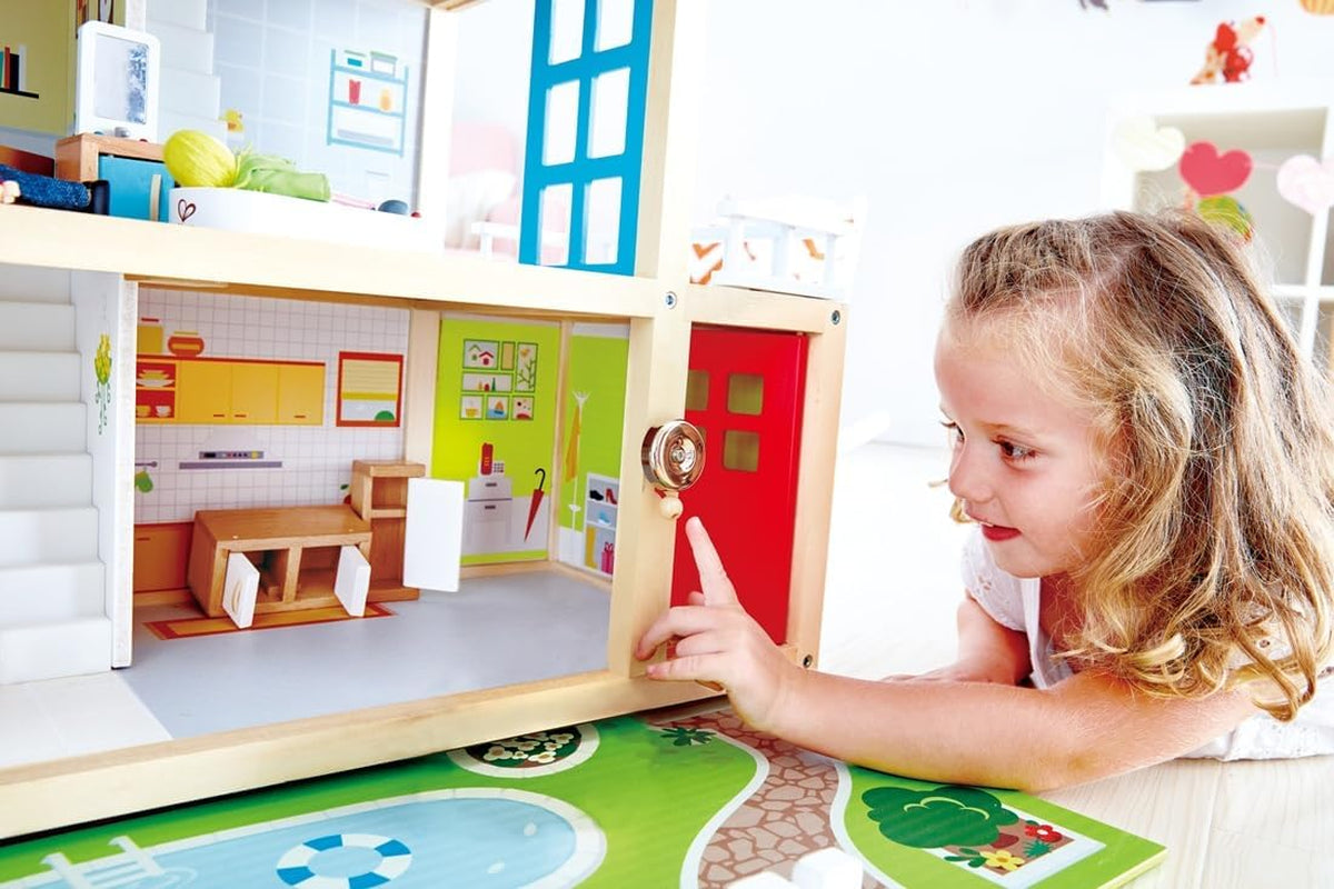 Hape Dukkevilla 10-værelses trædukkehus Kreativt rollespil inklusive møbler og tilbehør Pædagogisk legetøj for 3 år og opefter