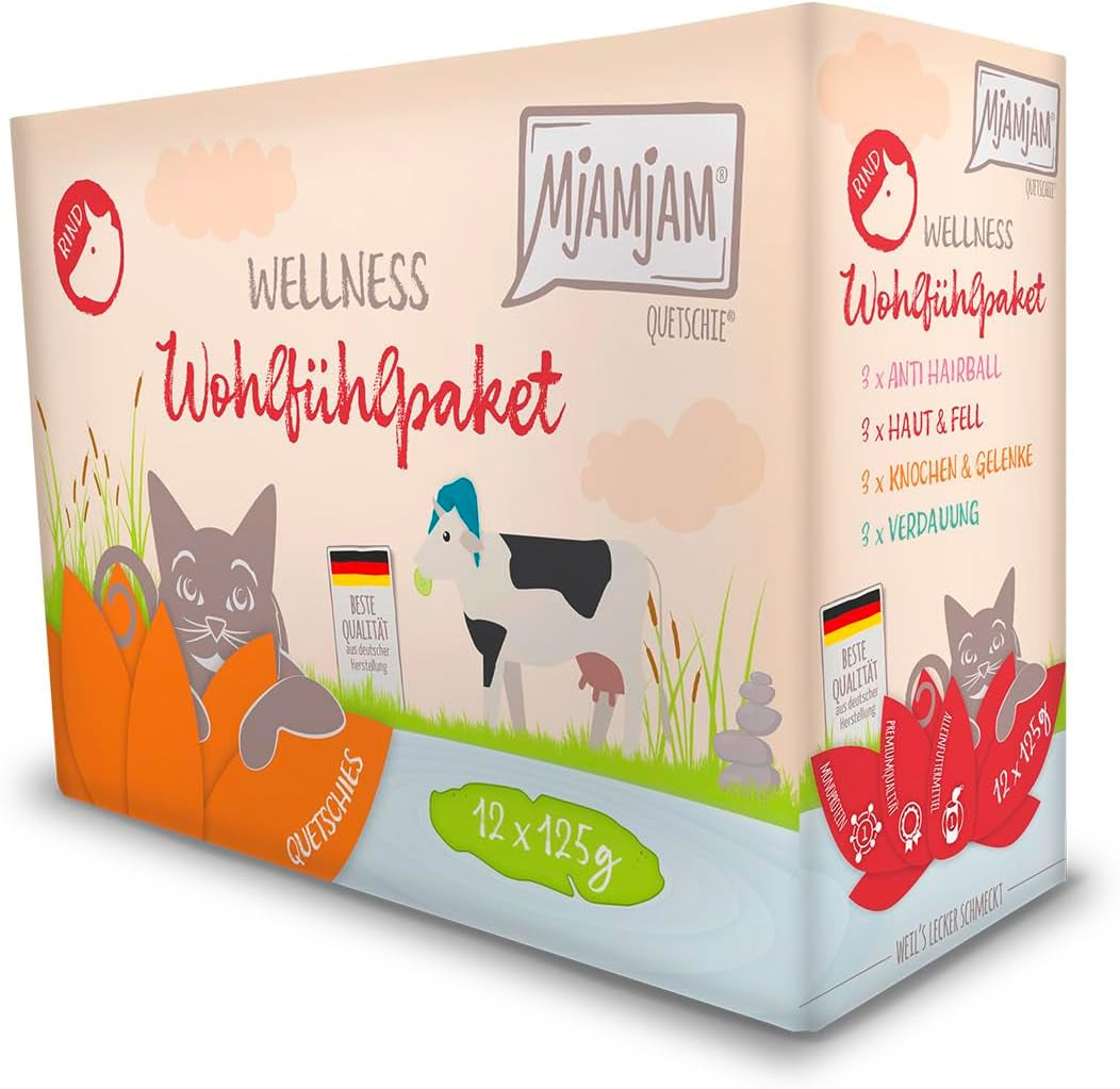 MjAMjAM - Premium våd kattefoder - Wellness-pakke oksekød, pakke med 12 (12 x 125 g), kornfri med ekstra kød