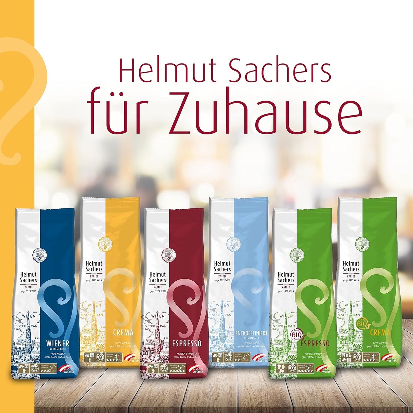 Helmut Sachers kaffe - creme, styrke 4/5, 100 % Arabica, hele kaffebønner, 6 x 500 g