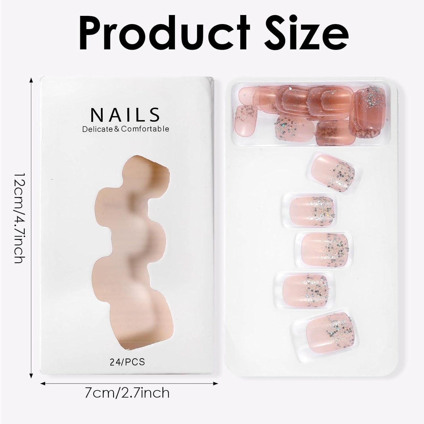 48 stk kort lim på negle 2 stilarter korte firkantede franske negle med neglelim og neglefil Pink Hvid Ombre falske negle til kvinder