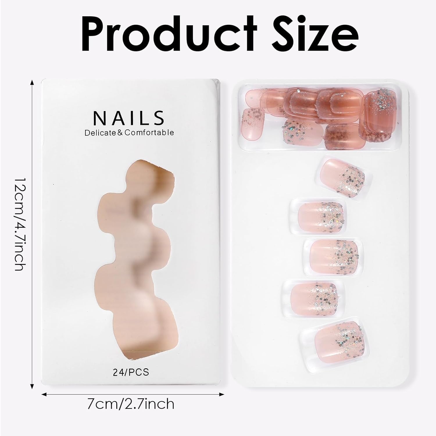 48 stk kort lim på negle 2 stilarter korte firkantede franske negle med neglelim og neglefil Pink Hvid Ombre falske negle til kvinder