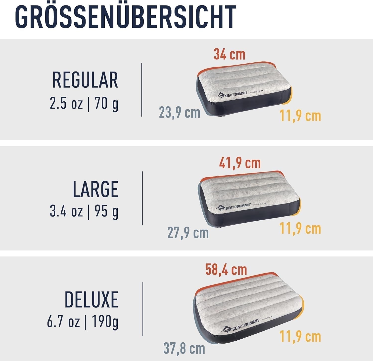 Sea to Summit - Eros dunrejsepude L - Ultralet og oppustelig - 10D materiale - Premium dunpude - Skridsikker - Til vandring og camping - 42 X 28 X 12 Cm - Grå - 95 G Naty Shop rejsepuder