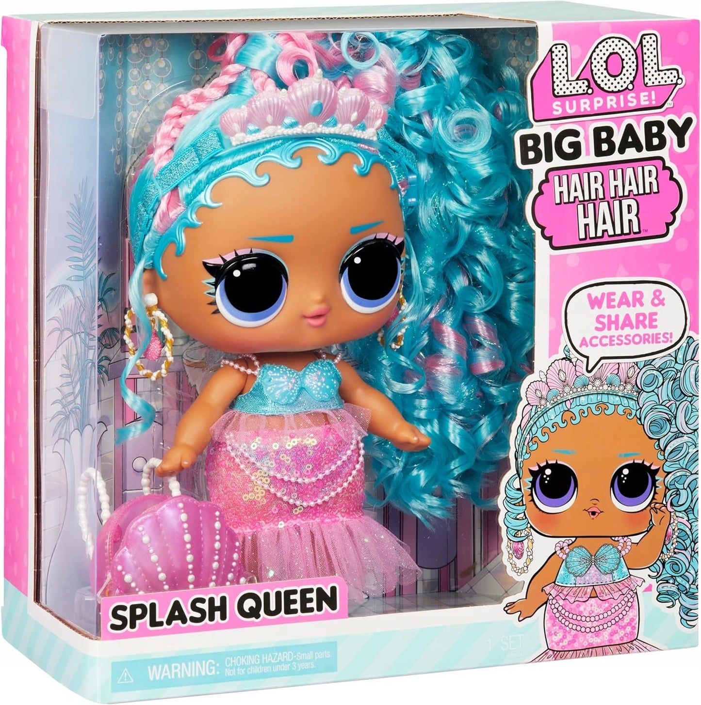 L.O.L. Overraskelse! Big Baby Hair Hair Hair – SPLASH QUEEN – 27,94 cm stor Puppe med 14 Überraschungen, Tilbehør til Teilen und echten Haaren – Für Kinder und Sammler ab 4 Jahren