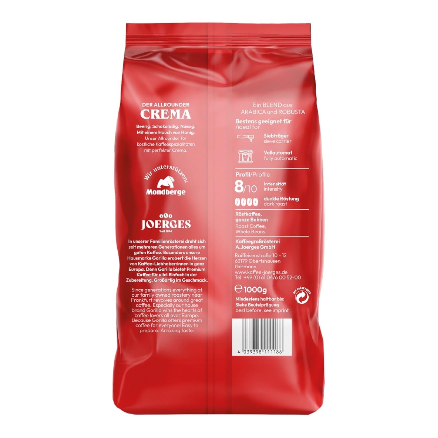 Joerges Espresso Gorilla Super Bar Crema kaffebønner, pakke med 5 (5 x 1 kg)