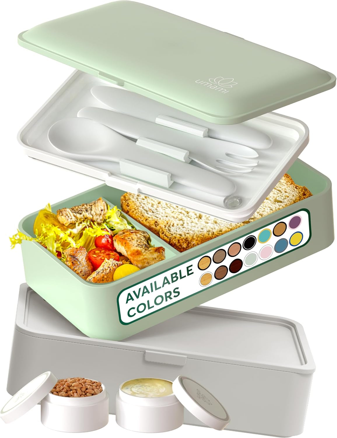 Umami Madpakke til voksne, Lækagesikker stabelbar Bento-kasse med 4 bestik og rum, Voksen Madkasse, To-Go-salatbeholder, Picnic-/kontormadkasse, koksgrå, 1500 ml