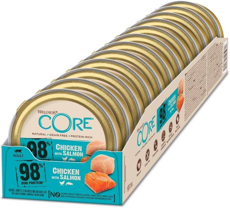 Wellness CORE 98% 12 x 85g, Kylling og Laks - Våd kattefoder, tyk paté, kornfri, naturlig, allergivenlig, højt proteinindhold, højt indhold af kød