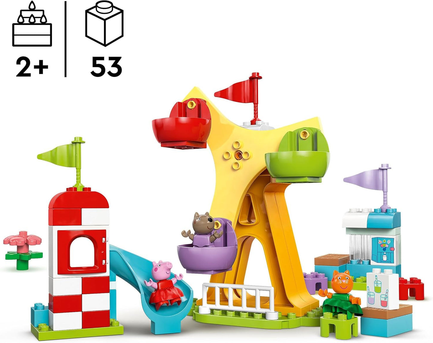 LEGO DUPLO Peppa Wutz Fairground - Børnelegetøj og motorisk legetøj for 2+ år - Førskolespil med stort hjul, rutsjebane og 3 figurer inklusive Mollie Kitty og Klausi Kläff - Gave til børn 10453 Byggesæt Besuche den LEGO-Store