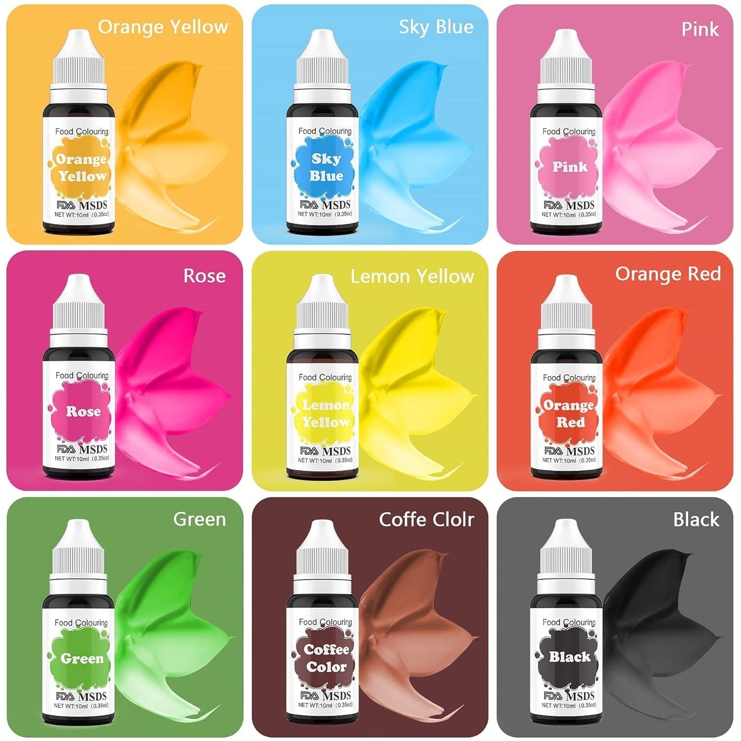 Madfarve 9 x 10 ml, flydende madfarve - madfarvesæt til dekoration af kager, macarons, donuts, fudge, glasur, DIY-sæber, is, sæbefarve, sprøjtepistolfarve