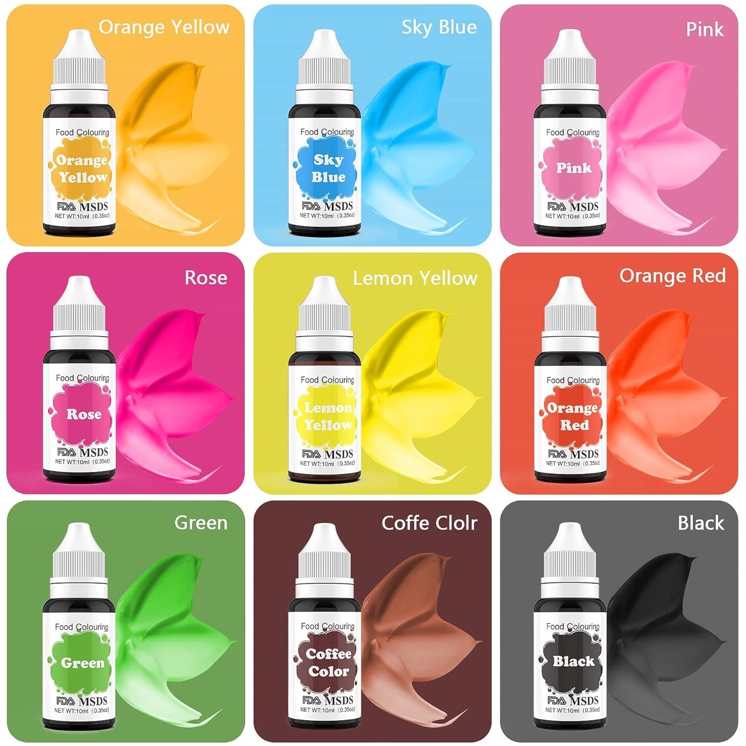 Madfarve 9 x 10 ml, flydende madfarve - madfarvesæt til dekoration af kager, macarons, donuts, fudge, glasur, DIY-sæber, is, sæbefarve, sprøjtepistolfarve