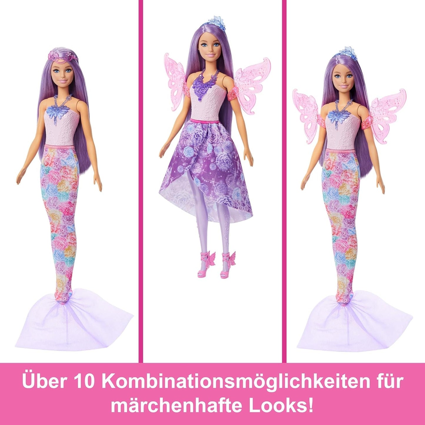 Barbie Doll 3-i-1 legesæt med 8 tilbehør, inklusive havfruehale, fevinger, kongelige halskæder, sko og mere til 10+ forskellige udseender, JCP74