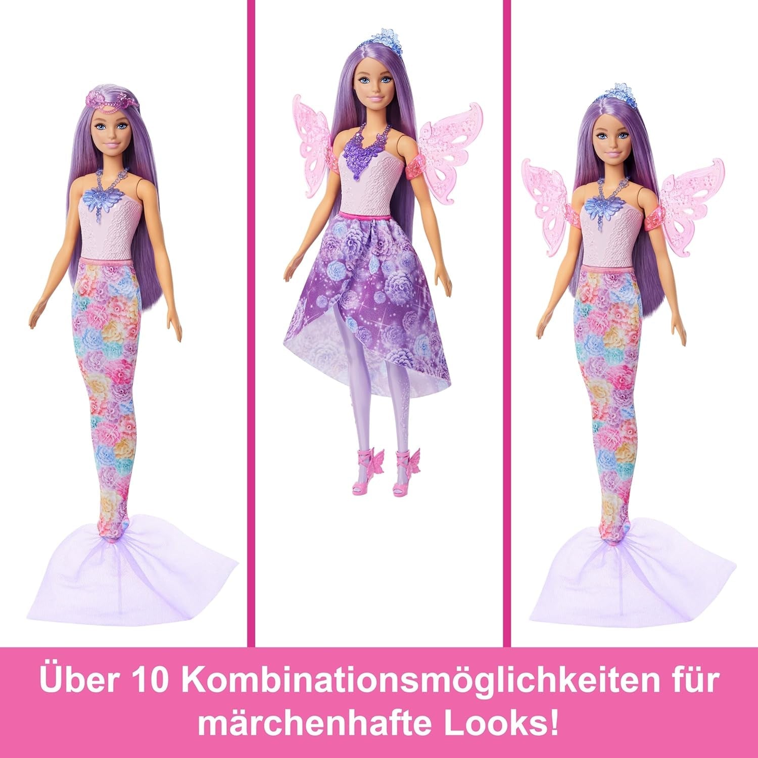 Barbie Doll 3-i-1 legesæt med 8 tilbehør, inklusive havfruehale, fevinger, kongelige halskæder, sko og mere til 10+ forskellige udseender, JCP74