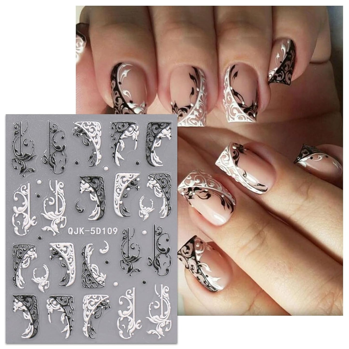 JMEOWIO 3D Nagelsticker Schwarz Weiß Blume Nail Art Sticker Selbstklebend Nagelaufkleber 5D Stereoskopisk Blumen Dekoration Nageldesign Zubehör 4 Blatt