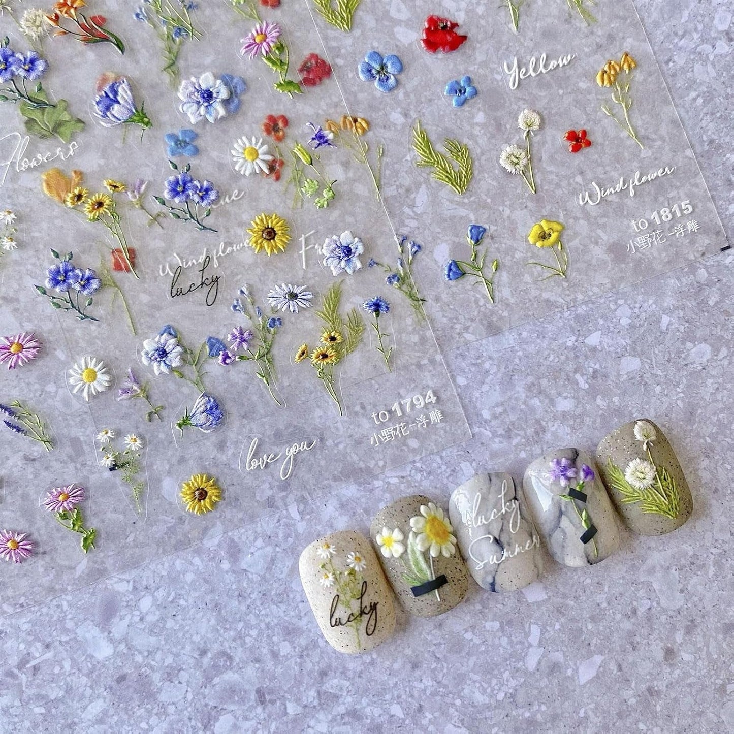 JMEOWIO 3D Nagelsticker Bunte Blumen Nail Art Sticker Selbstklebend Nagelaufkleber 5D Stereoskopisk Frühlings Sommer Blumen Dekoration Nageldesign Zubehör 2 Blatt
