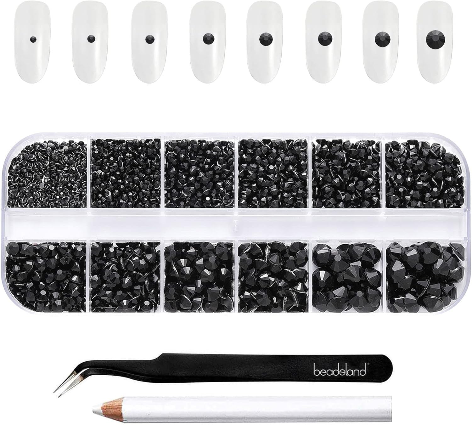 Beadsland 2500 stk Glas Nailart Strasssteine ​​​​Kristall Flatback Edelsteine ​​​​Runde, ​​Für Handwerk Gemischt 8 Größen SS4 ~ SS30 Mit Picking Pinzette Und Stift (Kristall Weiss)