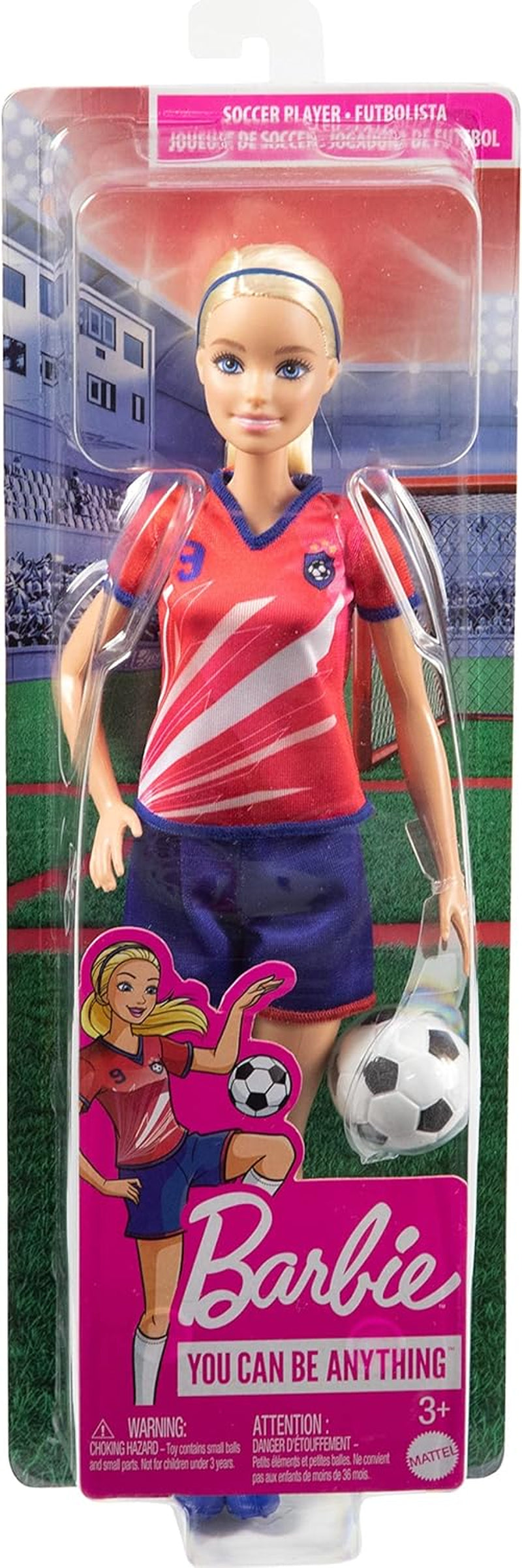 Barbie You Can Be Anything-serien, fodboldspiller, fodboldspiller med blond hår, rød og blå trøje, bold, tilbehør, dukke inkluderet, gave til 3 år og opefter, HCN17