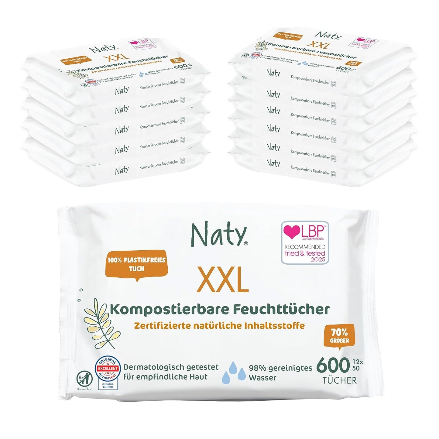 Naty Babyservietter | 100% urte- og duftfri til følsom hud | Plastfrie og certificerede komposterbare servietter med 98 % renset vand | 672 servietter (12 pakker)