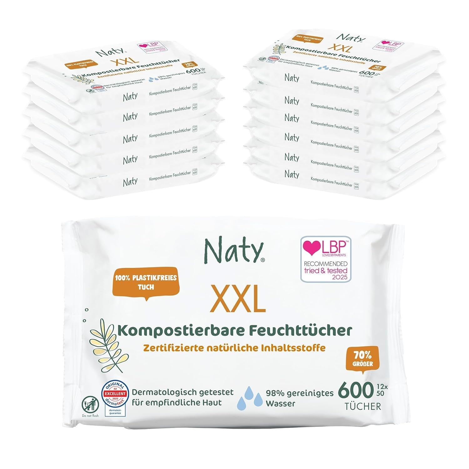 Naty Babyservietter | 100% urte- og duftfri til følsom hud | Plastfrie og certificerede komposterbare servietter med 98 % renset vand | 672 servietter (12 pakker)