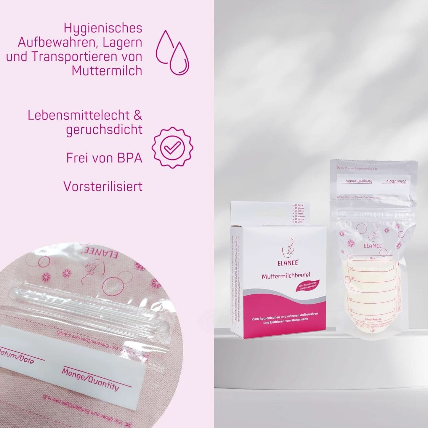 ELANEE Muttermilchbeutel, Aufbewahren & Einfrieren Von Muttermilch, Geschmackneutral Und Vorsterilisiert, Doppelter Sicherheitsverschluss, 20 Stück, Mit Standfuß (711-00) Babymad og ammetilbehør Naty Shop