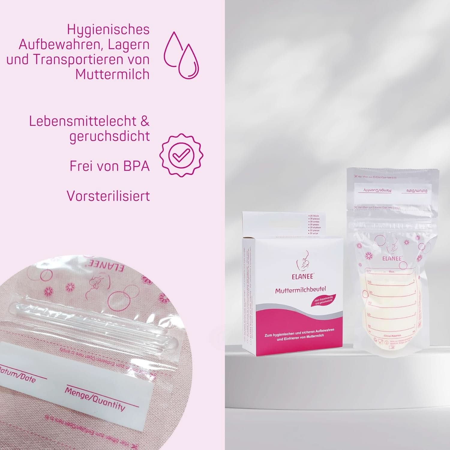 ELANEE Muttermilchbeutel, Aufbewahren & Einfrieren Von Muttermilch, Geschmackneutral Und Vorsterilisiert, Doppelter Sicherheitsverschluss, 20 Stück, Mit Standfuß (711-00) Babymad og ammetilbehør Naty Shop