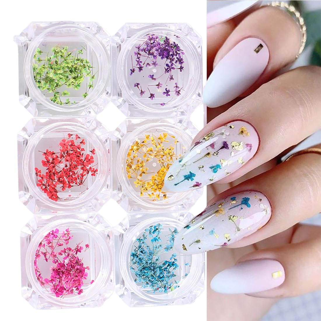 EYVRPAU 6 Stück Nail Art Flowers Set Decoration, Gelnägel Zubehör 6 Farben, Nail Art Aufkleber Trockene Blumen Kit Getrocknete Blumen Zubehör Set DIY Nageldekoration