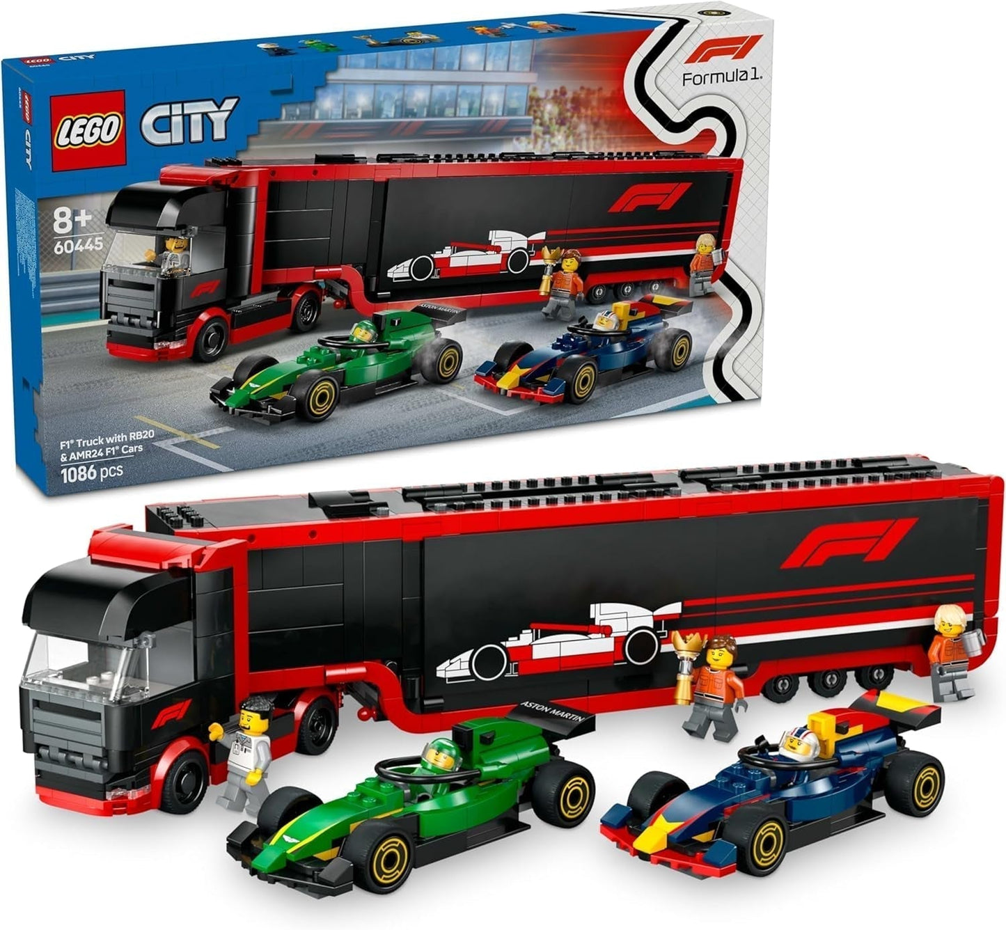 LEGO City F1 Transporter med RB20 & AMR24 F1 racerbiler - Legetøjsbiltransporter til Red Bull & Aston Martin Formel 1 Teams - Inkl. 5 minifigurer - Gave til drenge og piger i alderen 8+ 60445 Byggesæt Beuche den LEGO-Store Standardtitel