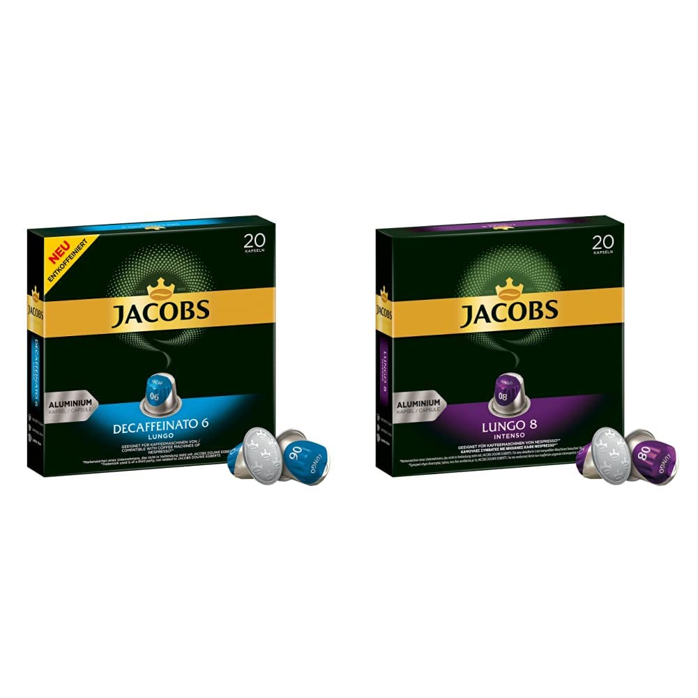 Jacobs Kaffeekapseln Lungo Decaffeinato- Intensität 6, 10er Pack, 10 x 20 Getränke & Kaffeekapseln Lungo Intenso, Intensität 8 af 12, 200 Nespresso®*-kompatibel Kapsel, 10 x 20 Getränke