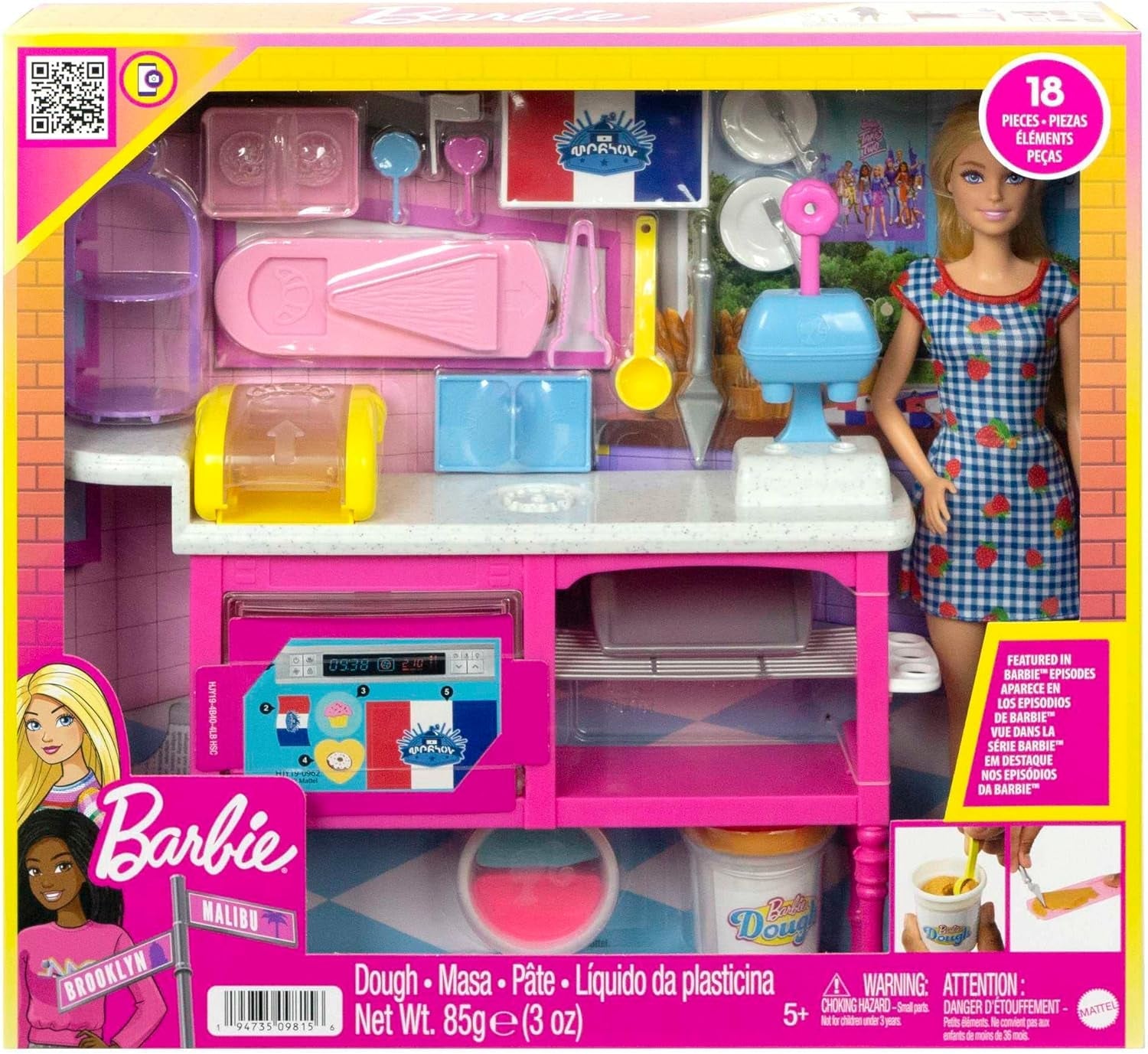 Barbie Malibu Roberts dukke- og bagesæt med 18 dele, inklusive legedej og donut-, croissant- og muffinsforme, til alderen 3 og op, HJY19