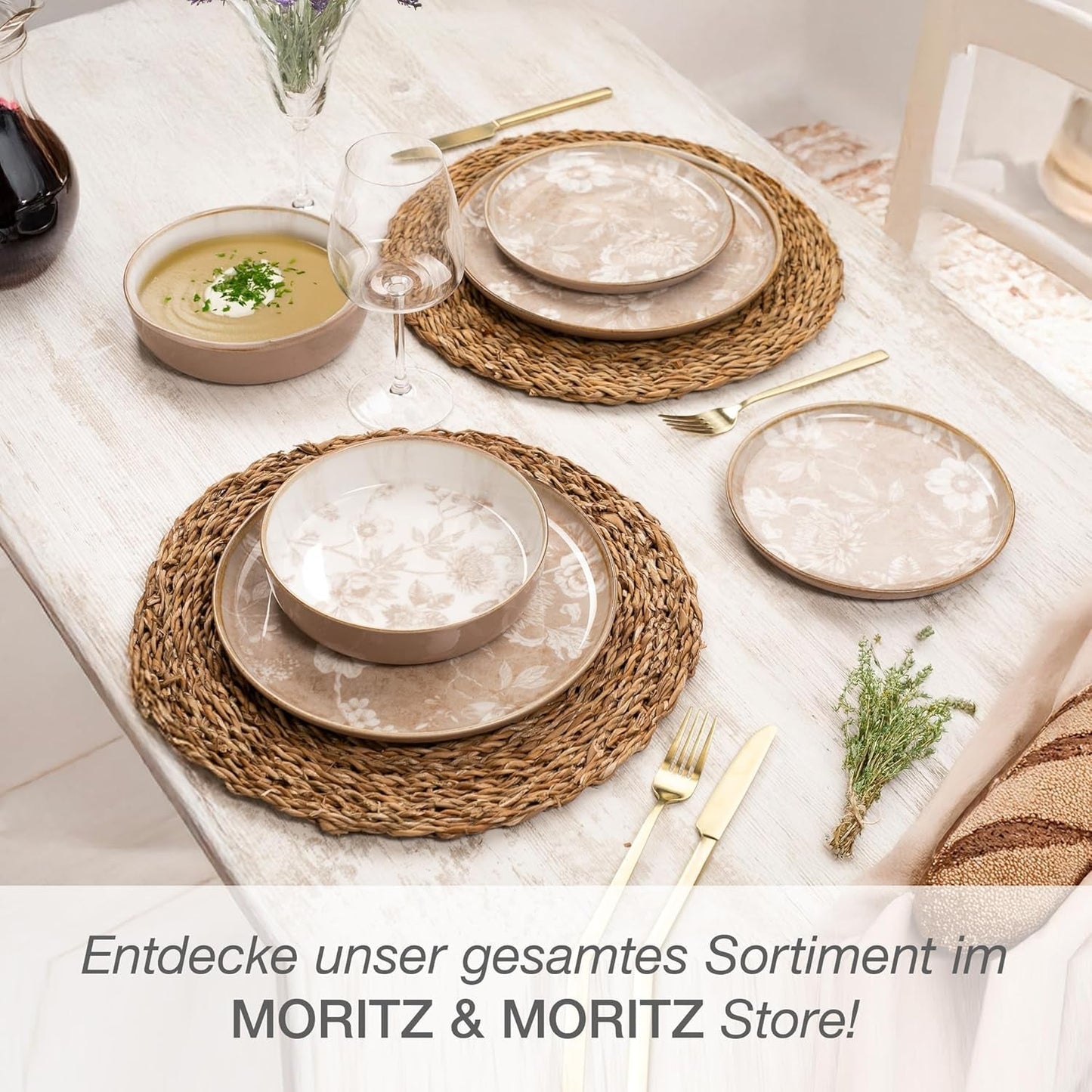 Moritz & Moritz MARIELLA 6-personers spisestel i stentøj i 24 dele - Moderne beige service med et legende design, letplejet kaffestel med tallerkener, skåle og kopper - Kombinationssæt