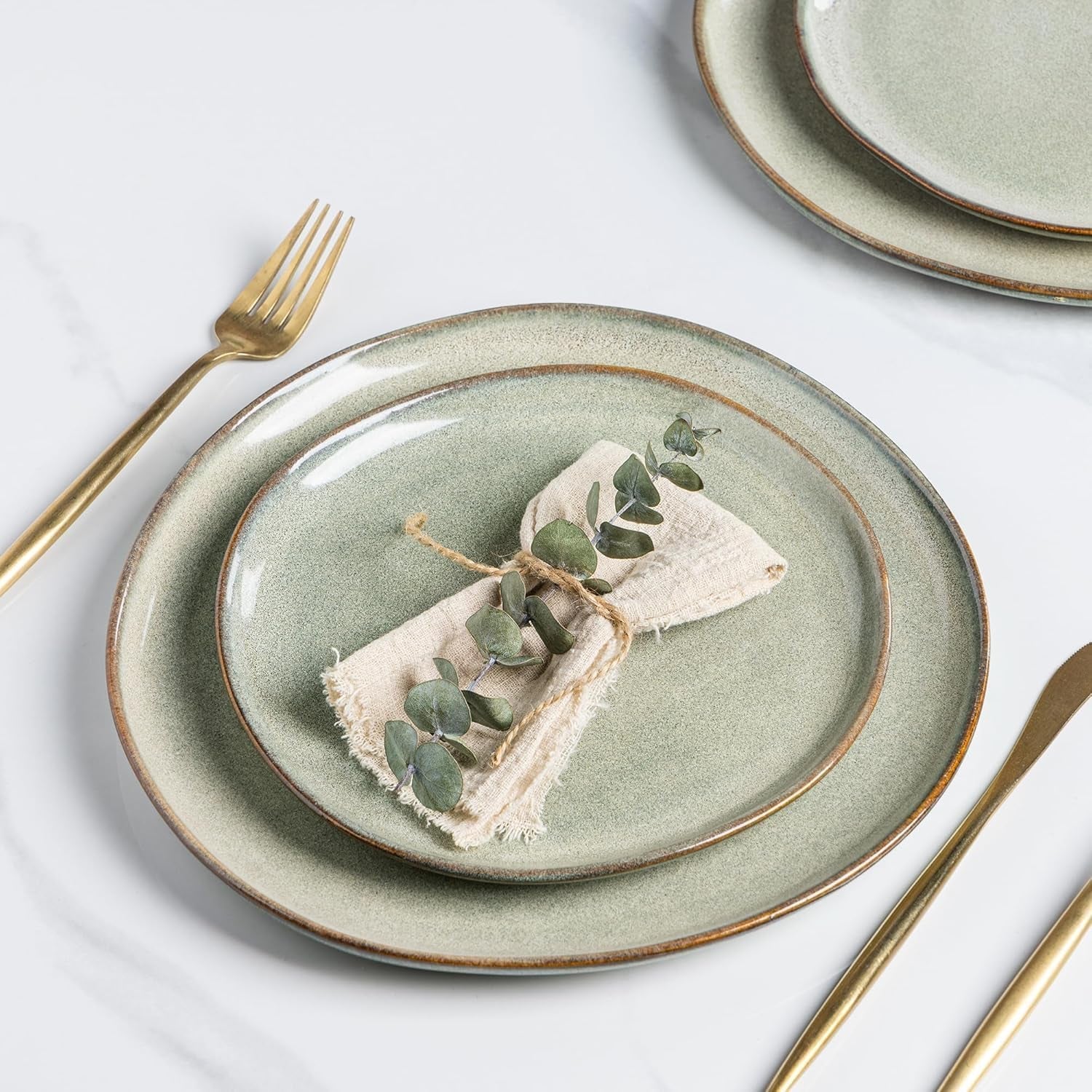 GBhome 6-personers keramisk porcelænssæt 24-dele reaktiv glasur Håndlavet mikroovn og opvaskemaskine Tåler skål og tallerkensæt Desret Sage GDW007GY-24P-EU