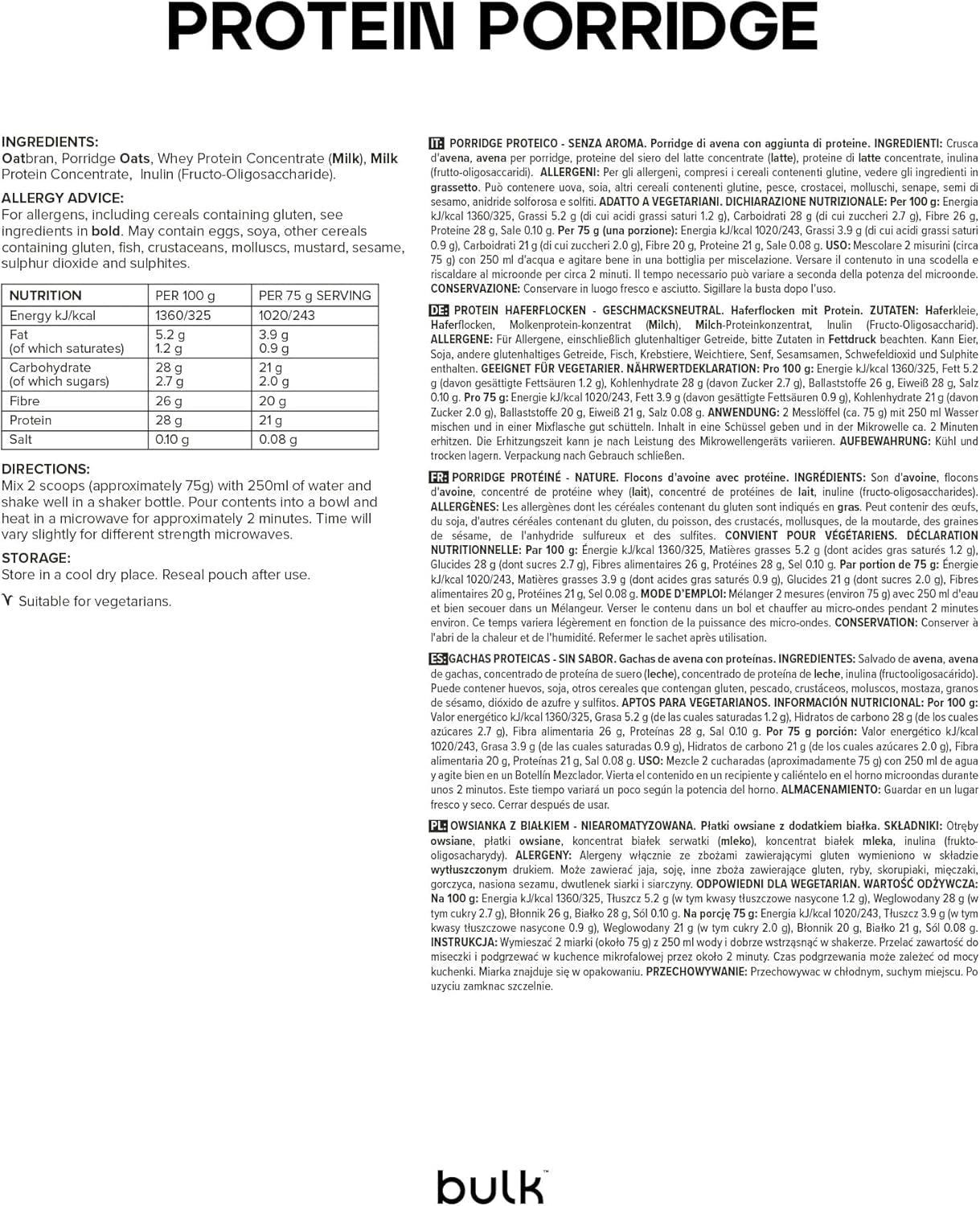 Komplet proteinhavregryn, bulk, havregryn med højt proteinindhold, valle, fiberrigt, proteingrød, uden smag, 1 kg