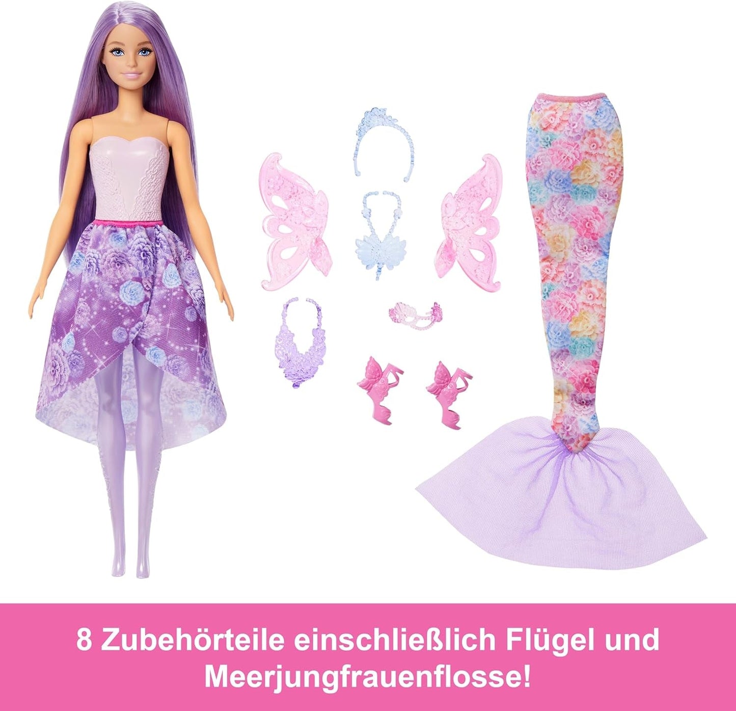 Barbie Doll 3-i-1 legesæt med 8 tilbehør, inklusive havfruehale, fevinger, kongelige halskæder, sko og mere til 10+ forskellige udseender, JCP74