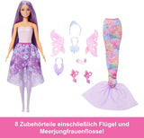 Barbie Doll 3-i-1 legesæt med 8 tilbehør, inklusive havfruehale, fevinger, kongelige halskæder, sko og mere til 10+ forskellige udseender, JCP74