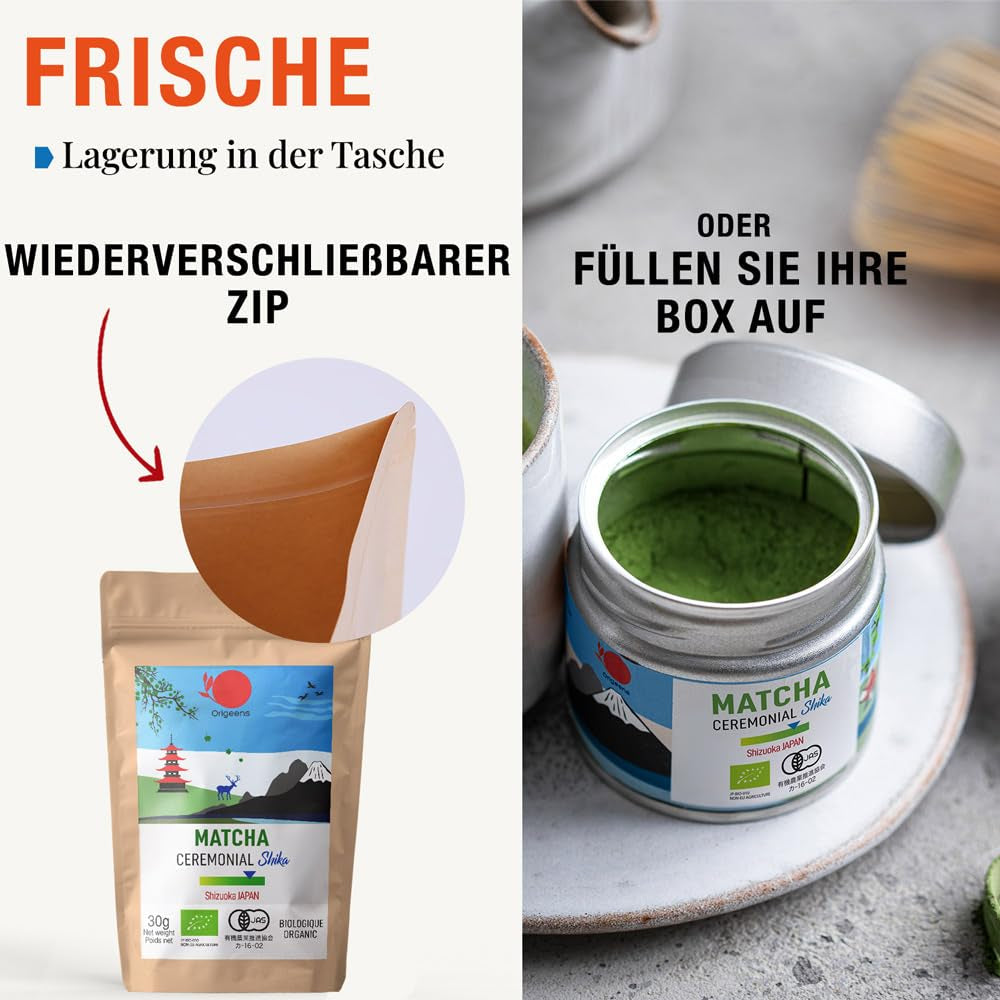 ORIGEENS BIO MATCHA CEREMONIAL GRADE "SHIKA" - Økologisk japansk te fra Shizuoka - Matcha Latte/Usucha - 30g refillpose - Ceremoniel økologisk Matcha grøn te-pulver