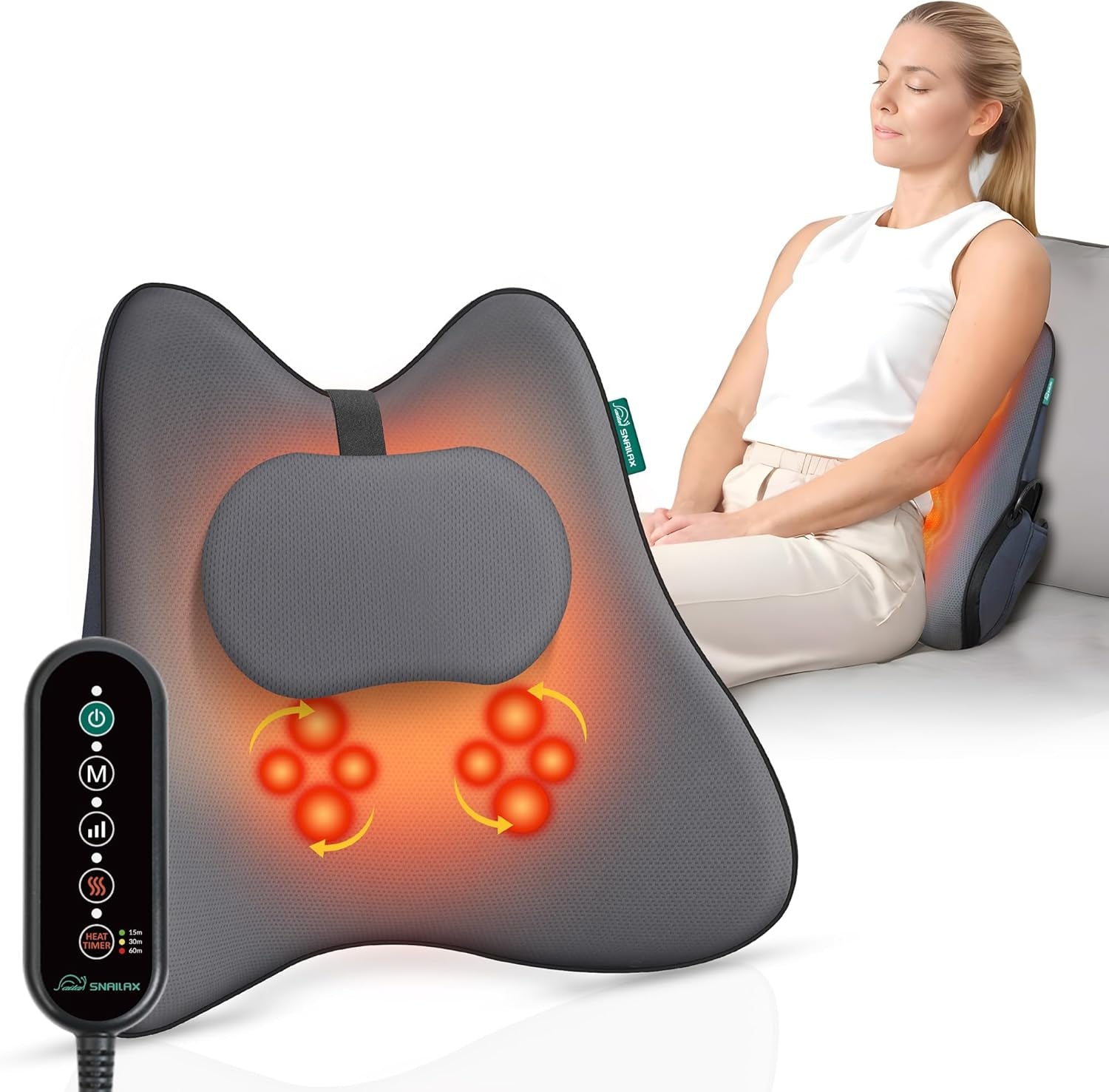 Snailax Ergonomisk lændestøttepude med massage og varme, Shiatsu rygpude med memoryskum, sædepude med 3 massageintensiteter | 2 varmeniveauer | 3 timere | behagelig siddestilling
