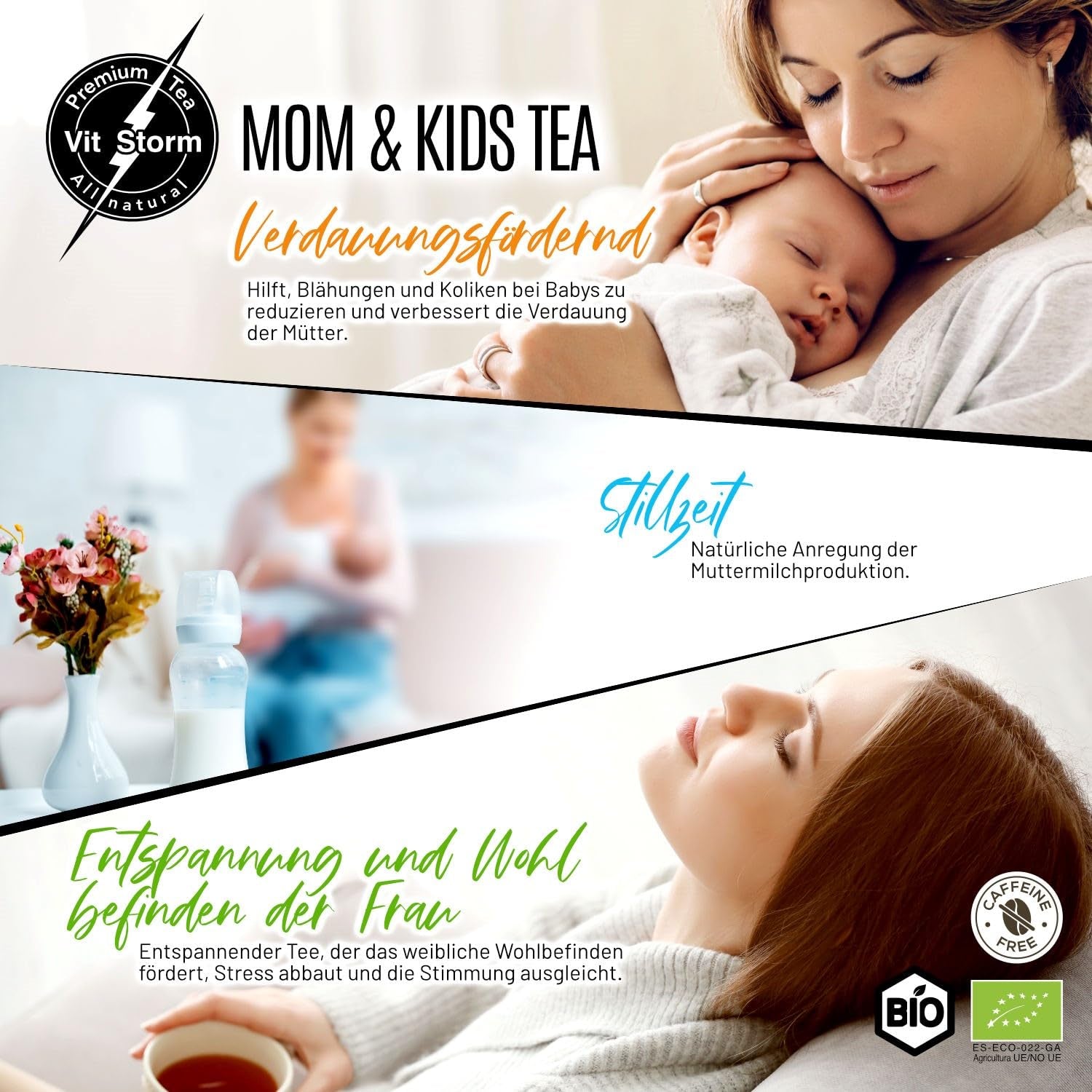 VITSTORM® BIO TEE Mom & Kids - Te til kvinder og ammende - Rooibos, æble, fennikel, citronmelisse, alchemilla, jordbær - Afslappende te - Frugtagtig og lækker - Koffeinfri - Urtete 100 g