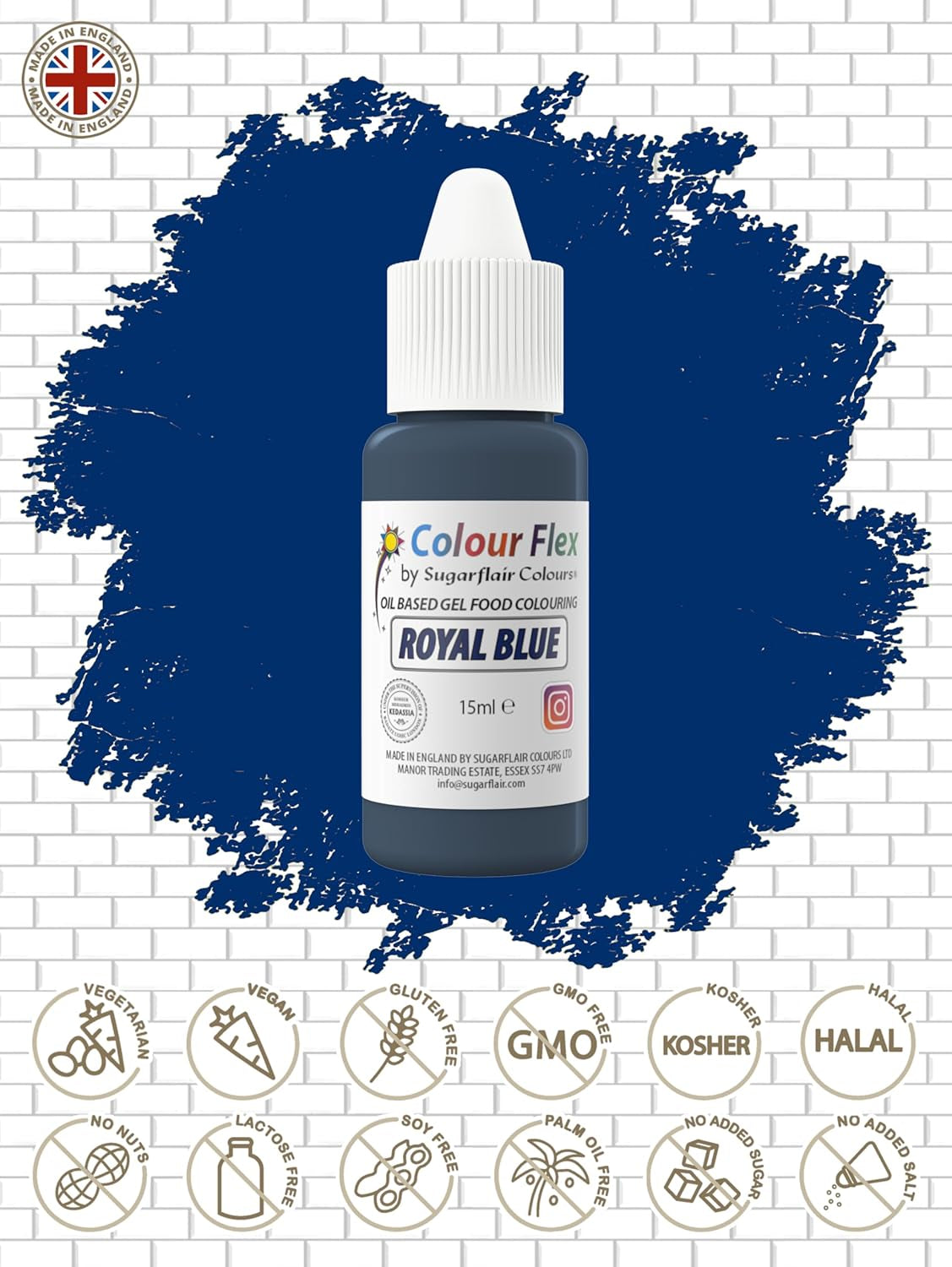Sugarflair Colourflex oliebaseret fødevarefarve, kongeblå, højkoncentreret flydende fødevarefarve, madfarve til smørcreme, chokolade, dej, fondant, glasur og mere - 15 ml