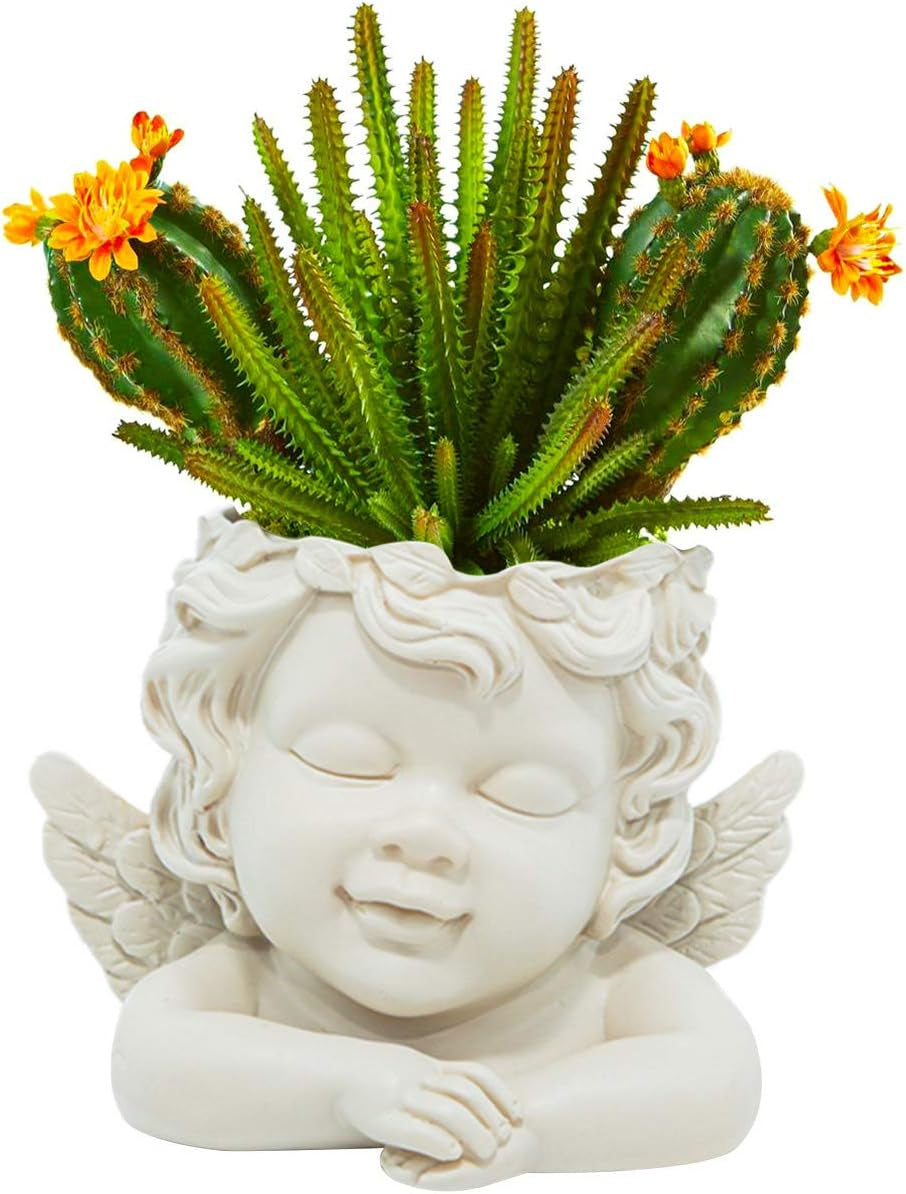 Væg og flad overflademonteret plantepotte 20 cm Højde Engelhoved Vægmontering Blomsterstand Vase Dukke Ansigt Harpiks Pottebord Plantebeholder potter