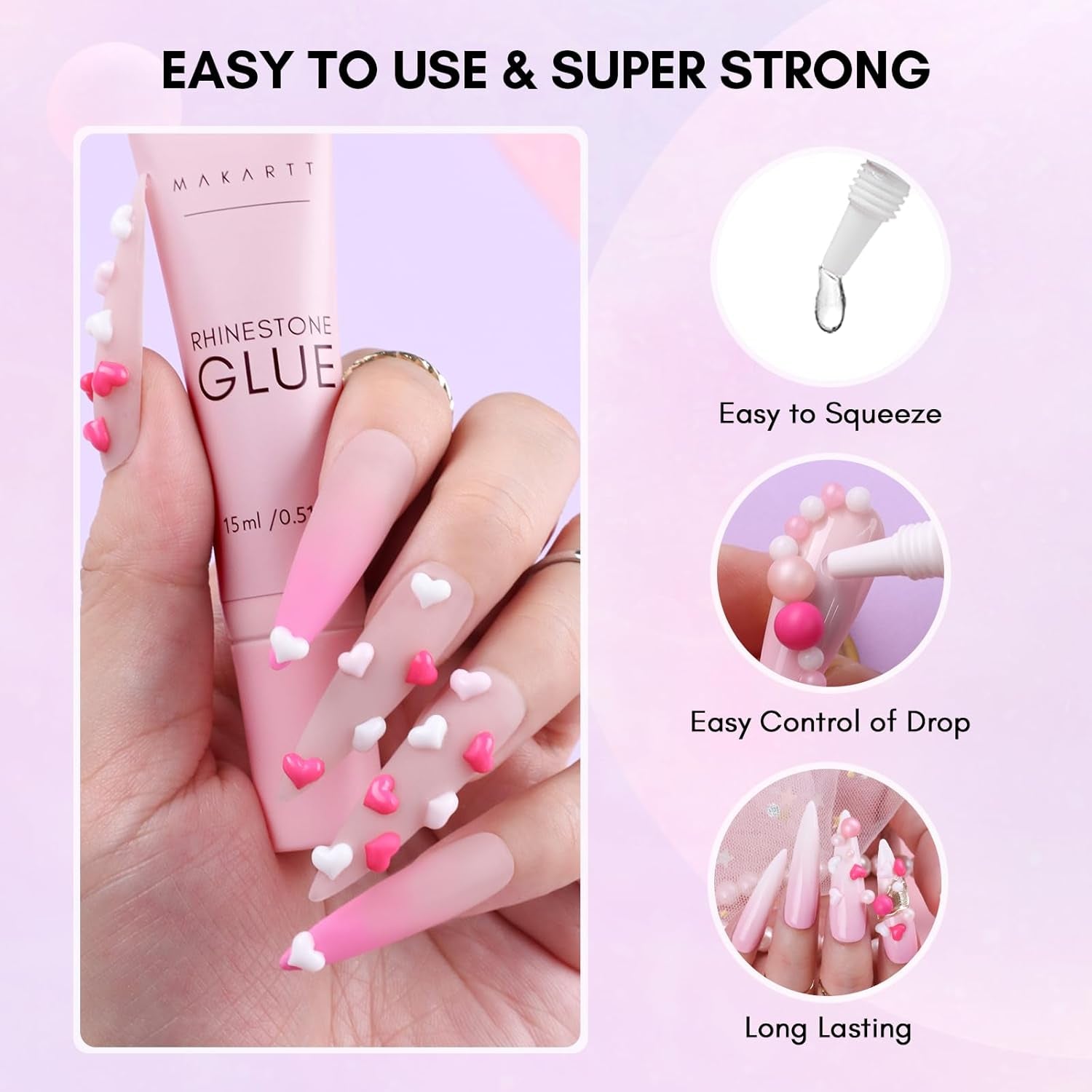 Makartt Rhinestone selvklæbende gel - 15 ml UV-neglelimsæt med lyserøde negle charms Hjertecirkel neglesmykker og negledesigntilbehør til hjemmemanicure Valentinsdagsgave