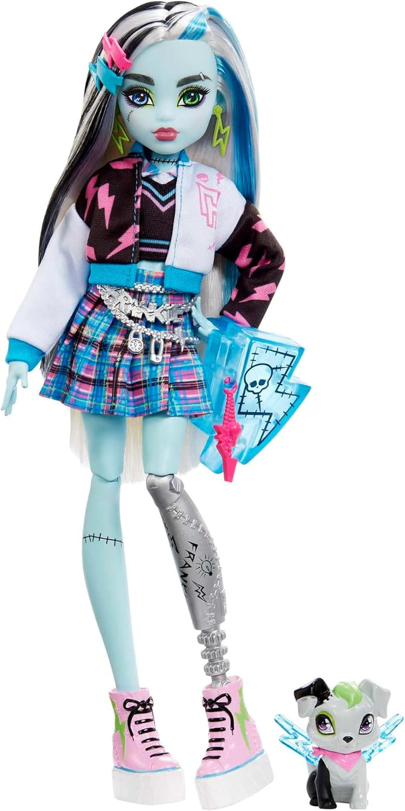 Monster High Frankie Stone Doll i denimjakke og shorts, Inkluderer Dog Watzie og tilbehør såsom en rygsæk, snack og notesbog, HXH73 Naty Shop Dolls Elektrificerende mode
