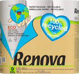 Renova 100% GENBRUG toiletpapir 9 ruller, hvid, alm
